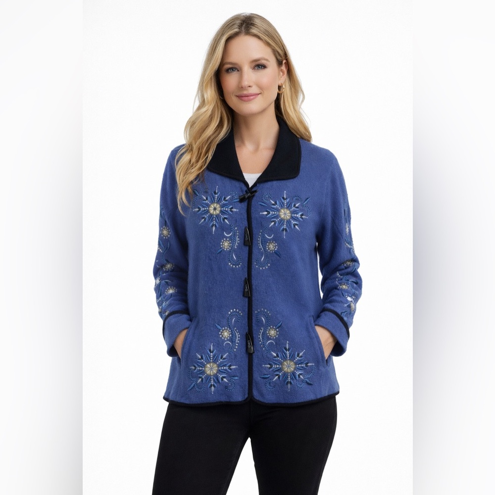 Carson size large blue & black toggle button up hand stitch embroidered jacket